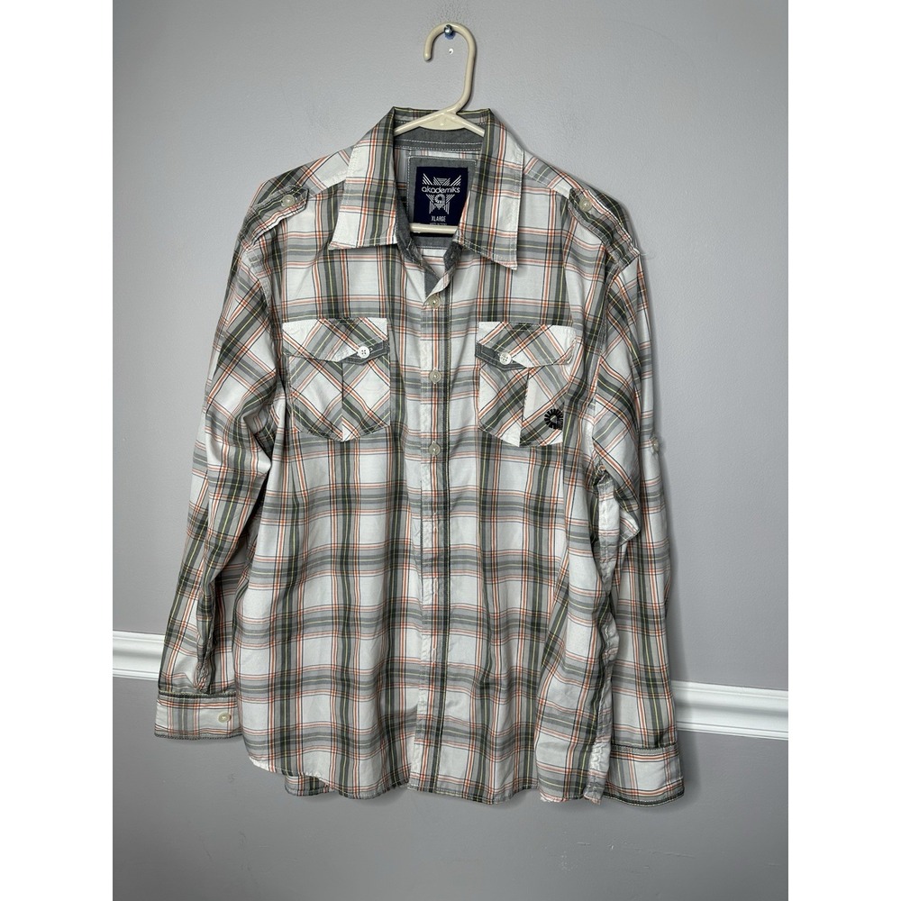 VTG Akademiks Casual Shirt Mens XL Cream  Plaid Long Sleeve Button Up